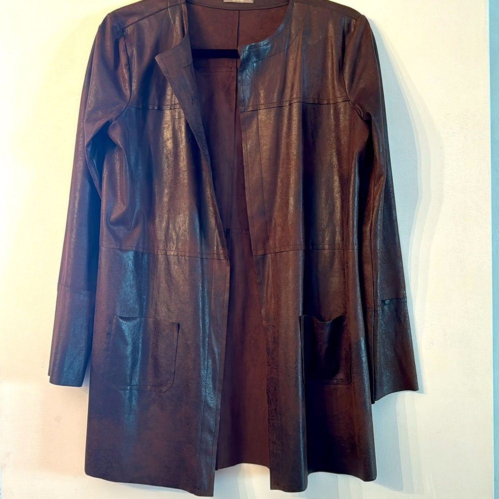 Dixie Large Brown Faux Leather Lightweight Open Front Two Pocket Jacket